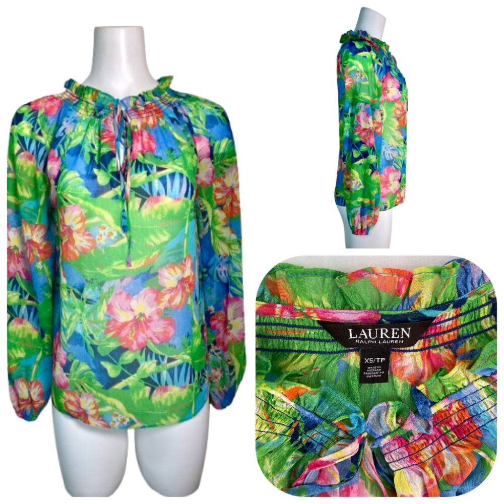 Ralph Lauren tie neck Boho Floral top XSP